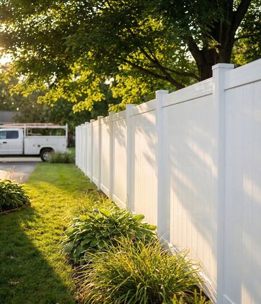 Close-up of premium white vinyl fence post installation