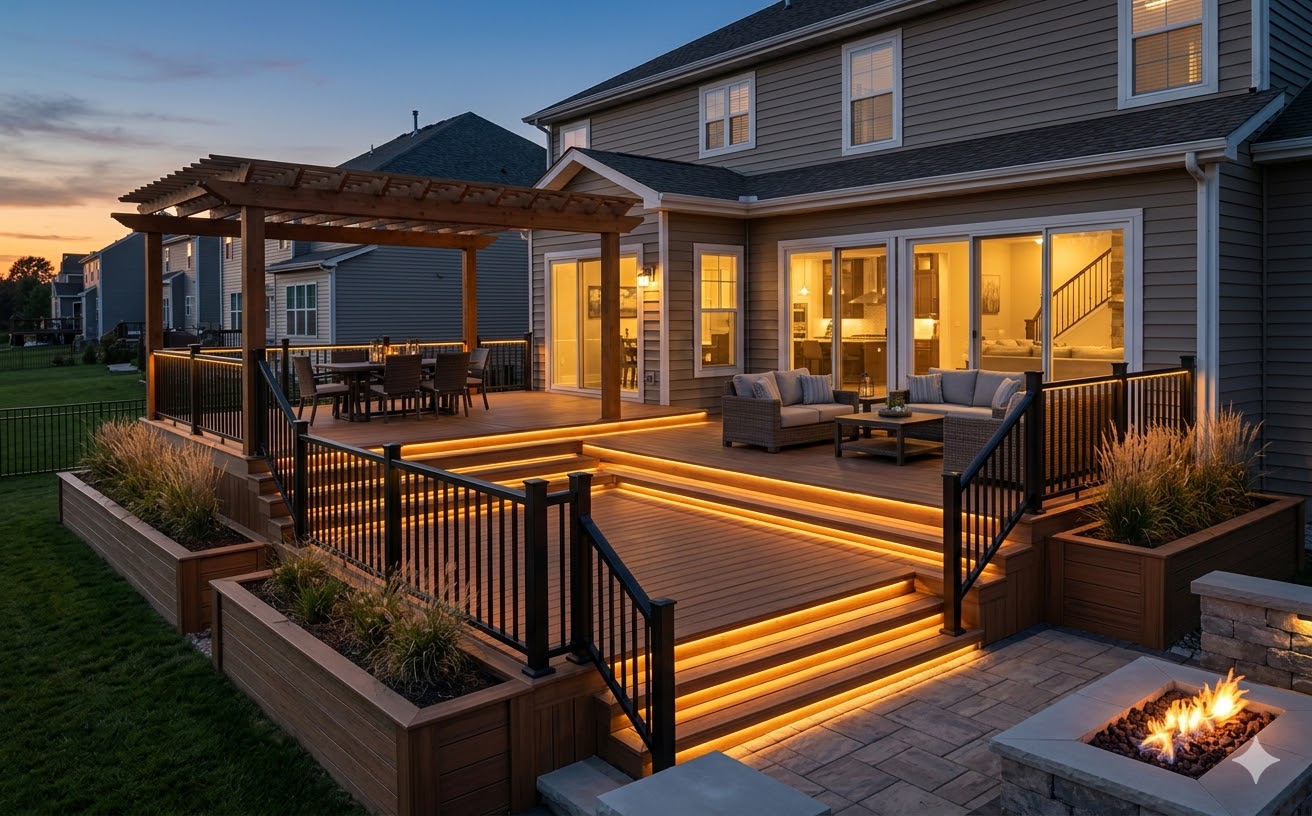 Custom multi-level tiered deck with built-in features in Staten Island