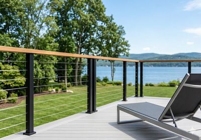 Modern stainless steel cable railing on a deck in Staten Island