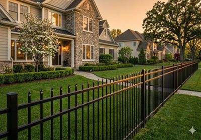 Black ornamental aluminum fence installed around a Staten Island property